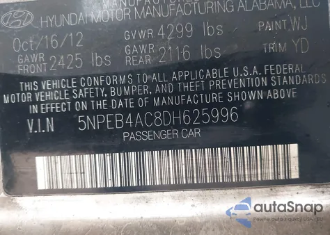 2013 Hyundai Sonata Gls из США, поврежденный, VIN 5NPEB4AC8DH625996